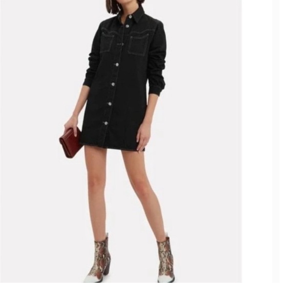 GANNI Black Denim Western Shirt Dress Long Sleeve Button Up Nashville Sz 4 - Picture 2 of 15